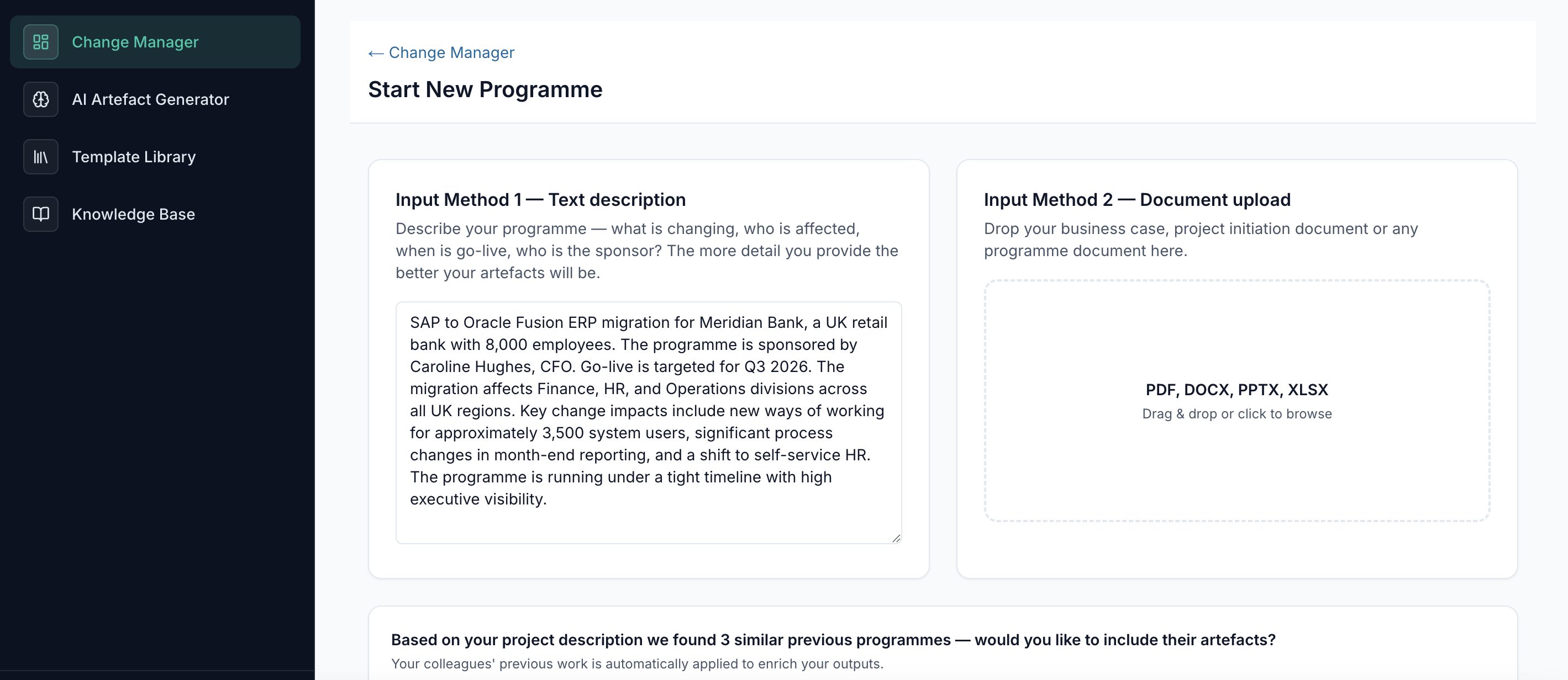 The Harbr Change New Programme screen, showing text description and document upload input methods